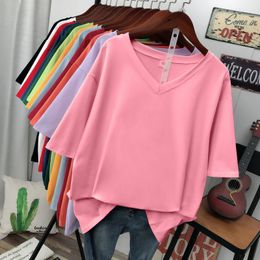 Women's T-Shirt L-6XL Plus Size Pure Cotton V-Neck T-shirt Short Sleeve Women's Basic Summer Couple Pink Large T-shirt 230407