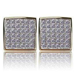 Iced Out Square Curved Screen Block 925 Sterling Silver Cubist Screw Back Stud Earring For Men and Women