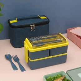 Bento Boxes 1400ML double layered healthy material lunch box with fork and spoon microwave lunch box cutlery set food storage container 230407