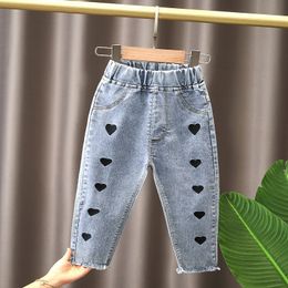 Jeans Spring kids girl's clothes baby elastic band straight leg love jeans pans for girls baby clothing outer wear denim trousers 230406