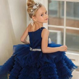 Girl Dresses Navy Blue Tiered One Shoulder Princess Flower Bow Birthday Pageant Robe De Demoiselle First Communion Dress