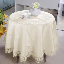 Table Cloth Romantic Ivory Round Tablecloth For Wedding Party Lace Floral Embroidered Edge Covers Soild Decor Jacquard Satin