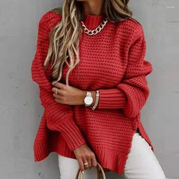 Women's Sweaters Autumn Winter 2023 Solid Colour Loose Crewneck Pullover Long Sleeve Sweater Casual Women Slit Knitted Top