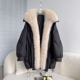 2023 New Down Coat Women's European Korean Version Loose Goose Down True Fur Collar Mid length Warm Coat Light Luxury Fur