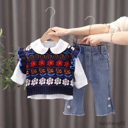 Clothing Sets OLEKID 2023 Spring Autumn Girls 3PCS Clothing Set Flower Sweater Vest Long Sleeve Shirt Fashion Jeans Baby Girl Clothes Set R231107