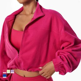 Active Shirts Women's Stand Collar Zipper Hem Drawstring Loose Solid Colour Yoga Jacket Outdoor Cycling Running Push-up Gym Wear Sports Coat