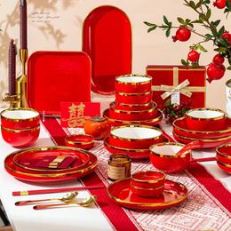 Plates Chinese Wedding Dishes Set Home Creative Ceramics Full Tableware Of Light Luxury Housewarming Gift Kitchen Bowls