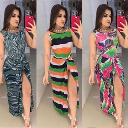 Casual Dresses Bohemian Dress Women Sexy O -Neck Stripe Floral Camouflage Printed Sleeveless 2 Pcs Set Sash Midi Ladies Vestidos Classic Clo