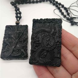 Pendant Necklaces Beautiful Chinese Handwork Natural Black Obsidian Carved Sword GuanGong Lucky Amulet Beads Necklace Fine Fashion Jewelry