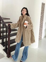 Frauen Pelz Koreanische Elegante Faux Mantel Für Frauen Drehen Unten Kragen Streifen Warme Weiche Mäntel Büro Dame Temperament 2023 winter Mäntel