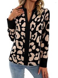 Women's Blouses Shirt Blouse Black Leopard Print Long Sleeve Work Daily V Neck Regular Fit Spring & Fall