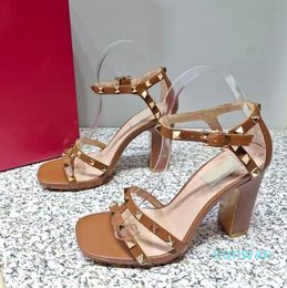 The Best Women High Heel Sandals with Rivet Decorative Leather Ankle Strap Buckle Luxury Designer Shoes Fashion 10cm Thick Heels Open Toe Square Toe Party