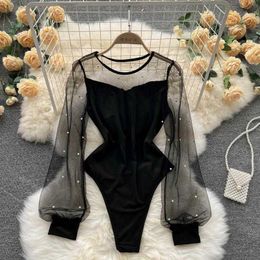 Nxy Women Pearl Sexy Bodysuits Perspective Bodycon Slim Jumpsuits Long Sleeves Inside Wear Fashion Thin Mesh Rompsutis 230328