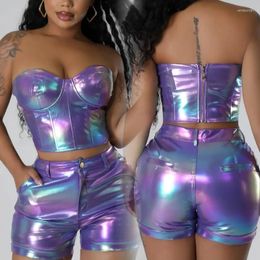 Women's Tracksuits Echoine Metallic Purple Zipper Strapless Corset Crop Top And Shorts Two Piece Set PU Leather Skinny Bodycon Sexy Outfits