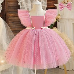 Girl's Dresses Pink Elegant Girl Princess Dresses For Kids Events Prom Costume Birthday Wedding Party Tulle Tutu Bow Girl Vestido 1-5T 230406