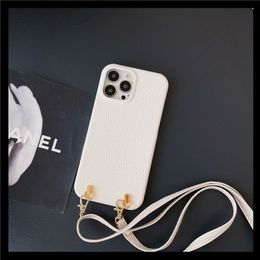 Necklace Lychee Pattern Vogue Phone Case for iPhone 14 13 Pro Max Durable Adjustable Lanyard Solid Colour Leather Back Cover Shockproof