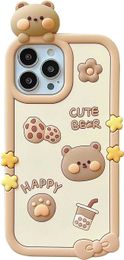 cute Phone Cases for iPhone 14 Pro Max Cartoon Cookies Bear Case with Bubble Tea 3D Case Soft Silicone Shockproof Cover Women Girls