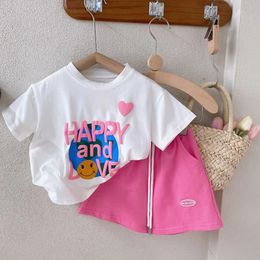 Clothing Sets Girls Short sleeved T shirt 2023 Summer Casual Letter Printed Shorts Two piece Children s Baby Clothes 230420