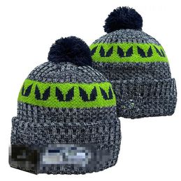 Men Knitted Cuffed Pom Seattle Beanies SEA Bobble Hats Sport Knit Hat Striped Sideline Wool Warm BasEball Beanies Cap For Women A1