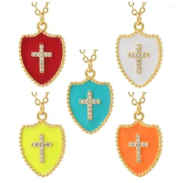 Chains Classic Creative Lucky Boho Shield Shape Cross Colourful Enamel Chain Necklace Oil Dripping For Women Men Summer Gift Jewellery
