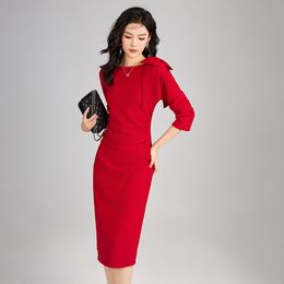 2325109-Nanyou Quality Socialite French Pleated Nipped Waist Hip Shoulder Bow Design Long Sleeve Dress