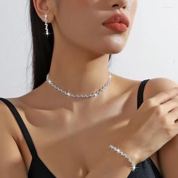 Necklace Earrings Set FYUAN Simple Silver Color Zircon Crystal Bracelet Long Tassel For Wedding