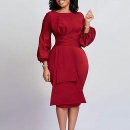Casual Dresses Loose sleeves Midi dress Women's ruffled crew neckline Formal party cocktail pencil dress Butterfly belt vest 230407