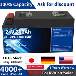 24V 200AH LiFePO4 Battery Pack 5120WH 25.6V 5KW Lithium Ion Battery RV Cart System Upgrade 4000 Cycle 200A BMS Built-in NO TAX