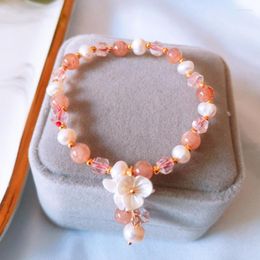 Strand FYSL Light Yellow Gold Colour Flower Shell Strawberry Crystal Stretchy Bracelet Garnet Stone Trendy Jewellery