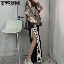 Womens Pants Capris WTEMPO Womens Summer Joggers Thin Side Split Button Wide Leg Pants Loose Stripe Casual Elastic High Waist Sweatpants Streetwear 230406