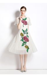 2023 Casual Dresses Women Summer Fashion Runway Midi Dress Butterfly Sleeve Flower Embroidery Ladies Slim A-Line Mesh Dresses Vestidos