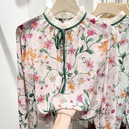 Women's Blouses 2023 Korean Fashion Shirts Women Stand Collar Pleated Ruffles Lace-up Pullover Print Blouse Long Sleeve Chiffon Tops