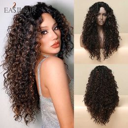 Synthetic Wigs Easihair Long Kinky Curly Lace Frontal Wig Black Mixed Brown Synthetic Transparent Front for Women Brazilian s 230227