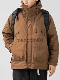 Men's Down Parkas Winter Cargo Jacket Men Solid Large Pocket Hooded Down Coat Men Retro Solid Color Warm Outdoors Windbreaker Down Jacket J231107