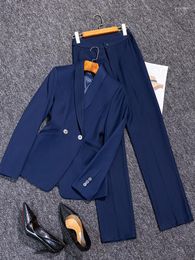 Women's Two Piece Pants High Quality Autumn Winter Ladies Pant Suit Formal Women Business Work Wear Navy Yellow Solid Blazer And Trouser 2