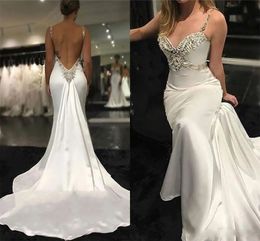 Sexy Backless Mermaid Wedding Dresses Crystals Beaded Sweetheart Spaghetti Straps Long Satin Bridal Gowns Charming Bride Second Reception Dress