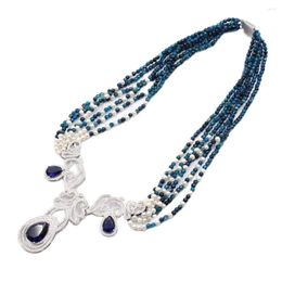 Pendant Necklaces GuaiGuai Jewelry 6 Rows Natural White Pearl Blue Round Agate Necklace CZ Flower Handmade For Women