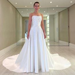 Fabulous Beading Wedding Dresses Appliqued Strapless Neckline Bridal Gowns Flowers A Line Satin Sweep Train Vestido De Novia