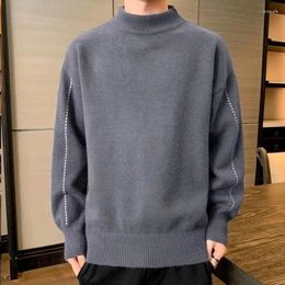 Suéter masculino outono inverno mock neck moda listrado manga comprida pulôveres casaco de malha sólida gola alta roupas