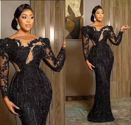 Aso ebi Arabic Plus Size Inventing Dresses Black Luxurious Prom Dress Lace Beaded Tassel Sheer Neck Formal Party Second Recepss Gowns Robe BC12807