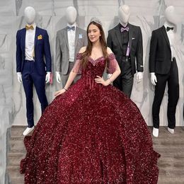 Wine Red Quinceanera Dresses 2024 Sparkly Gillter Sequins Beaded Lace-up Corset Princess vestidos de 15 anos