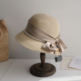 Summer Pearl Bow Hats Dome Sunshade Straw Hat Women High Quality Fisherman Hat Grass Woven Travel Beach Hats Caps