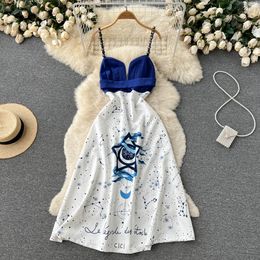 Elegant suspender bra dress with contrasting starry sky pattern printed high waisted and slim A-line dress