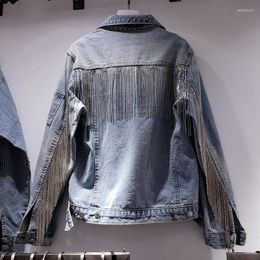 Women's Jackets Spring Korean Heavy Industry Chain Tassels Old Design Washed Light-colored Denim Women Coats Fashion Streetwear 2023