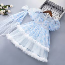 2-8 Years High Quality Summer New Bow Tiered Floral Draped Ruched Kid Children Clothing Girl Party Birthday Princess Dress