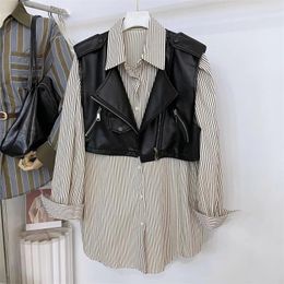 Women's Blouses SuperAen Fashion Design Stripe Long Shirt Leather Vest Jacket Two Piece Set For Women Autumn