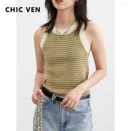 Women's Tanks CHIC VEN Texture Contrast Stripe Knitted Crop Top Sleeveless Woman Camis Female Tees Spring Autumn 2023