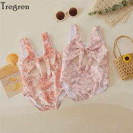 s Tregren Toddler Baby Girls Swimwear Summer Sleeveless Floral Shell Print Hollow Bathing Suit Swimming Pool Spring Swimsuit 230407