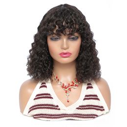 Real person deep wave ronin hair wig with full bangs mechanism Bob headband