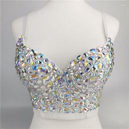 Women's Vests Women Sexy AB Colored Rhinestone Bustier Crop Top Spaghetti Strap Push Up Bralette Glitter Club Party Corset Bra Vest